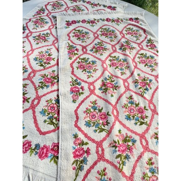 Vintage 70s bath towels, pink floral arabesques beige, fringed, for the pair - Picture 3 of 9